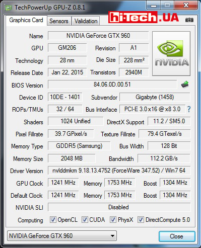 GPU-Z Gigabyte GV-N960G1 GAMING-2GD