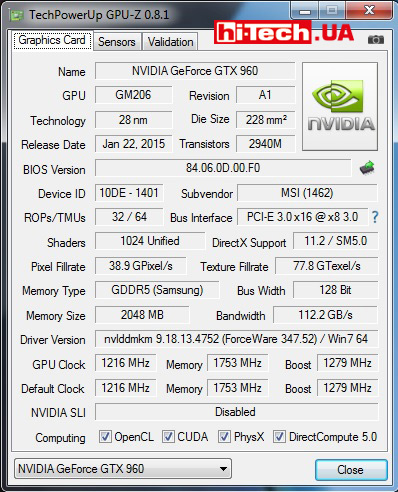 GPU-Z MSI GTX 960 GAMING 2G