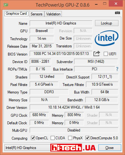 Характеристики встроенного в Intel Processor N3700 графического процессора (приложение GPU-Z)