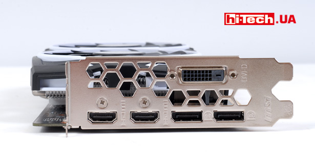 Набор разъемов немного нестандартный как для видеокарты на базе NVIDIA GeForce GTX 1060. Один из портов DisplayPort заменен на HDMI, и в результате набор видеовыходов состоит из одного DVI-порта, двух HDMI и двух DisplayPort