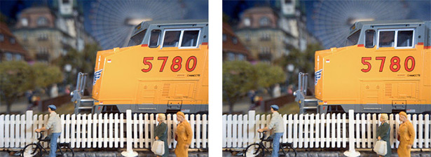 Негативный эффект от построчного считывания с недостаточной скоростью. Можно видеть, что движущийся поезд выглядит несколько наклоненным. С увеличением скорости считывания этот негативный эффект можно минимизировать